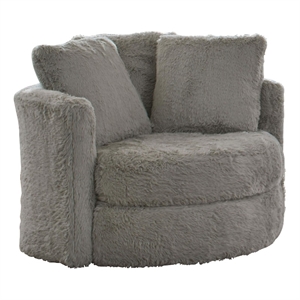 Benjara Rane Swivel Accent Chair- Gray Chenille- Barrel Shape- Solid Wood
