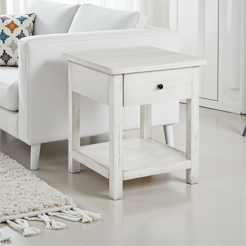 Benjara Ayne Side End Table- 1 Drawer- Distressed White Wood- Square 20 Inch