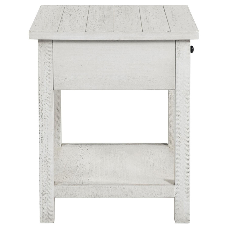 Benjara Ayne Side End Table- 1 Drawer- Distressed White Wood- Square 20 Inch