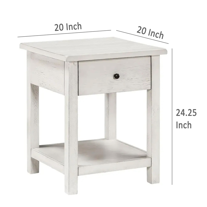Benjara Ayne Side End Table- 1 Drawer- Distressed White Wood- Square 20 Inch