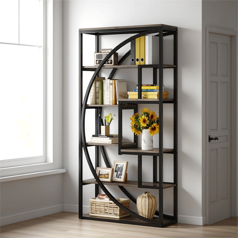 Benjara Modern Bookcase- 5 Tier Geometric Display Shelves- 71