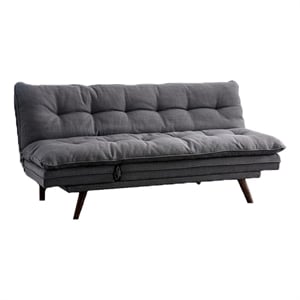 Benjara Futon Sofa- Gray Fabric Upholstered- Button Tufting- Solid Wood Frame