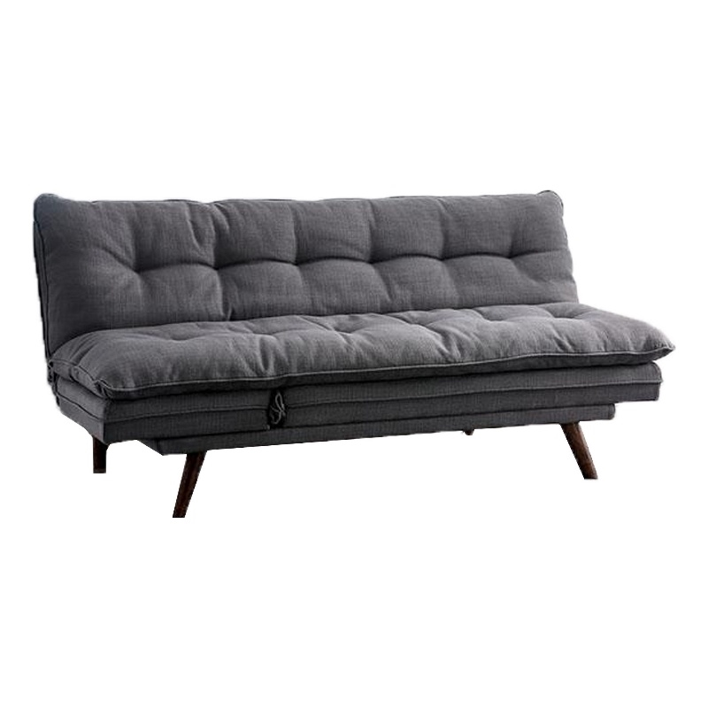 Benjara Futon Sofa- Gray Fabric Upholstered- Button Tufting- Solid Wood Frame