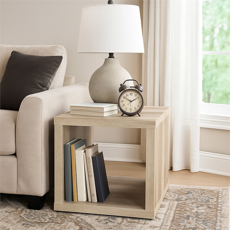 Benjara Rizz Side End Table- Square Cube Design Shelf- 23