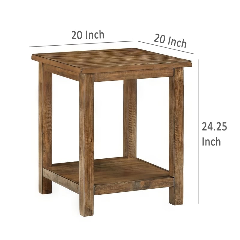 Benjara Ayne Side End Table- 1 Shelf- Distressed Brown Wood- Square 20 Inch