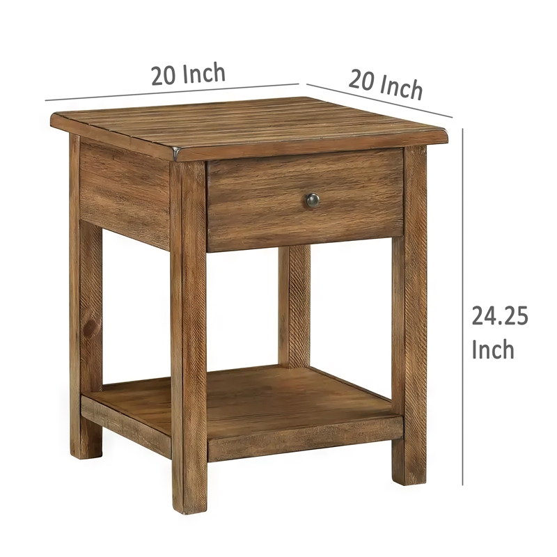 Benjara Ayne Side End Table- 1 Shelf- 1 Drawer- Brown Wood- Square 20 Inch