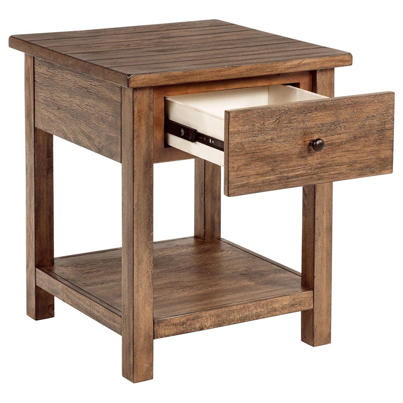 Benjara Ayne Side End Table- 1 Shelf- 1 Drawer- Brown Wood- Square 20 Inch