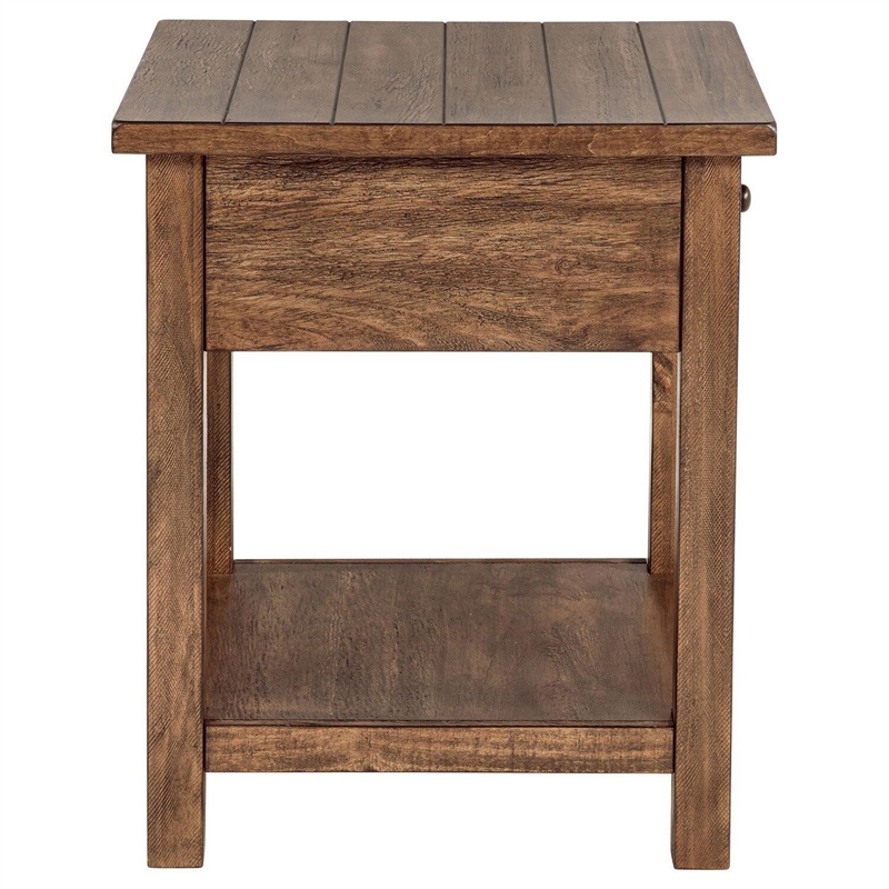 Benjara Ayne Side End Table- 1 Shelf- 1 Drawer- Brown Wood- Square 20 Inch