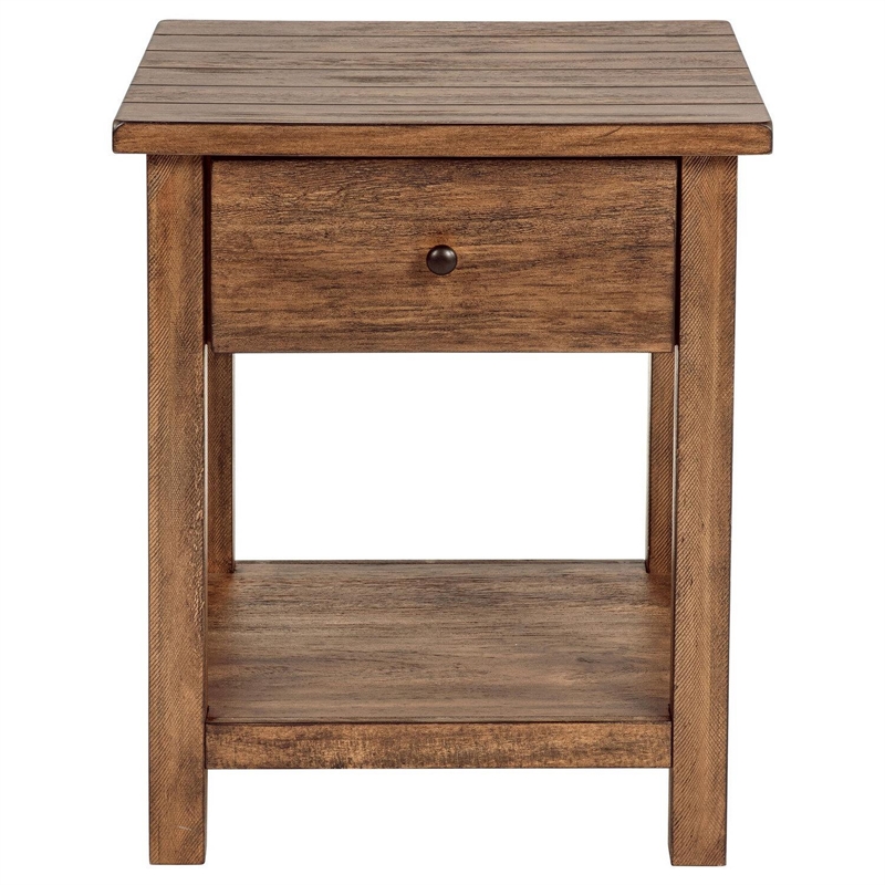 Benjara Ayne Side End Table- 1 Shelf- 1 Drawer- Brown Wood- Square 20 Inch