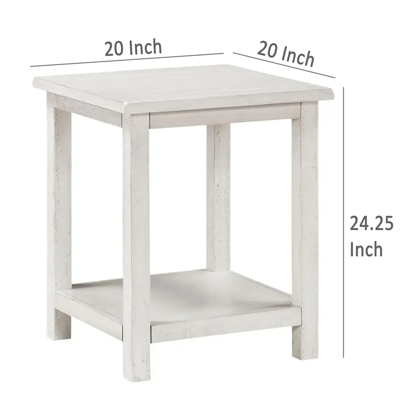 Benjara Ayne Side End Table- 1 Bottom Shelf- White Wood Frame- Square 20 Inch