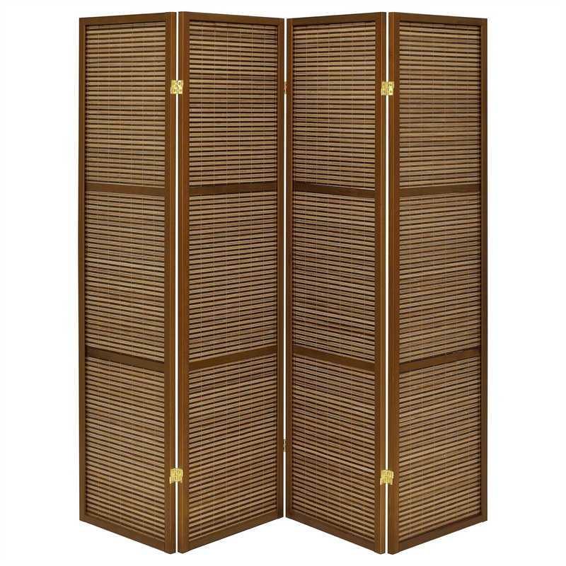 Benjara Rown 4 Panel Foldable Privacy Screen- Bamboo- Brown Pine Wood 70 Inch