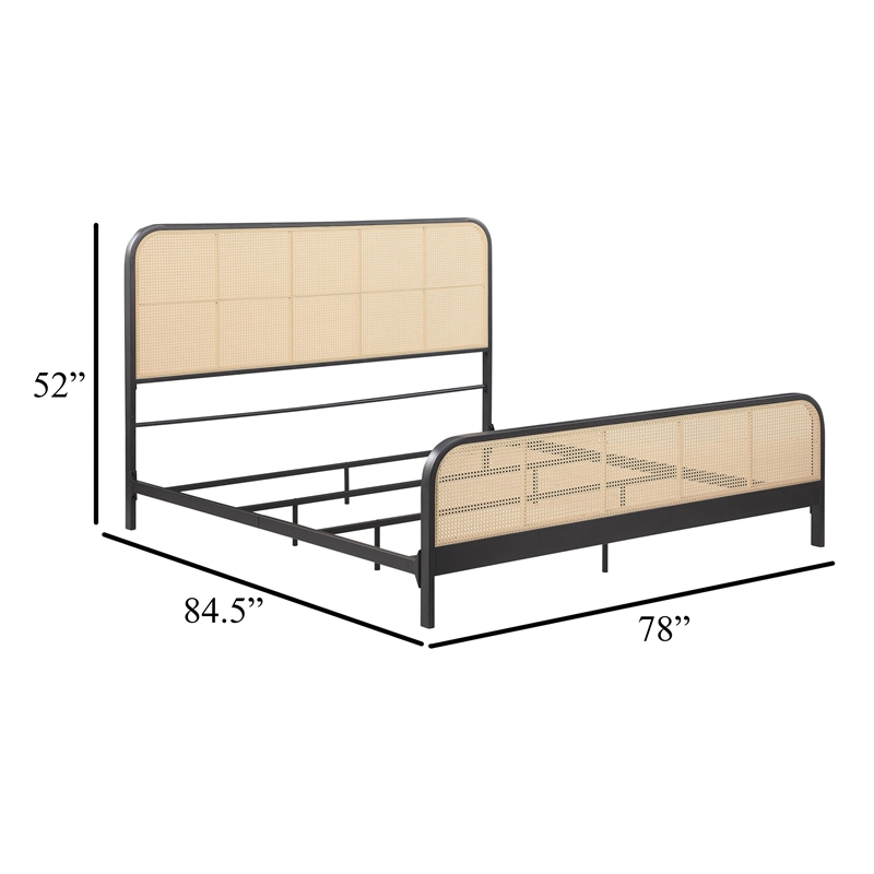 Benjara Lanie King Bed with Brown Open Cane Webbing Faux Rattan- Black Metal