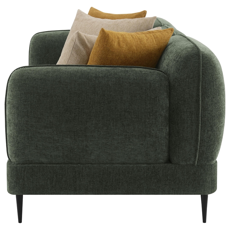 Benjara Dija Sofa with 4 Accent Throw Pillows- 84 Inch- Dark Green Chenille