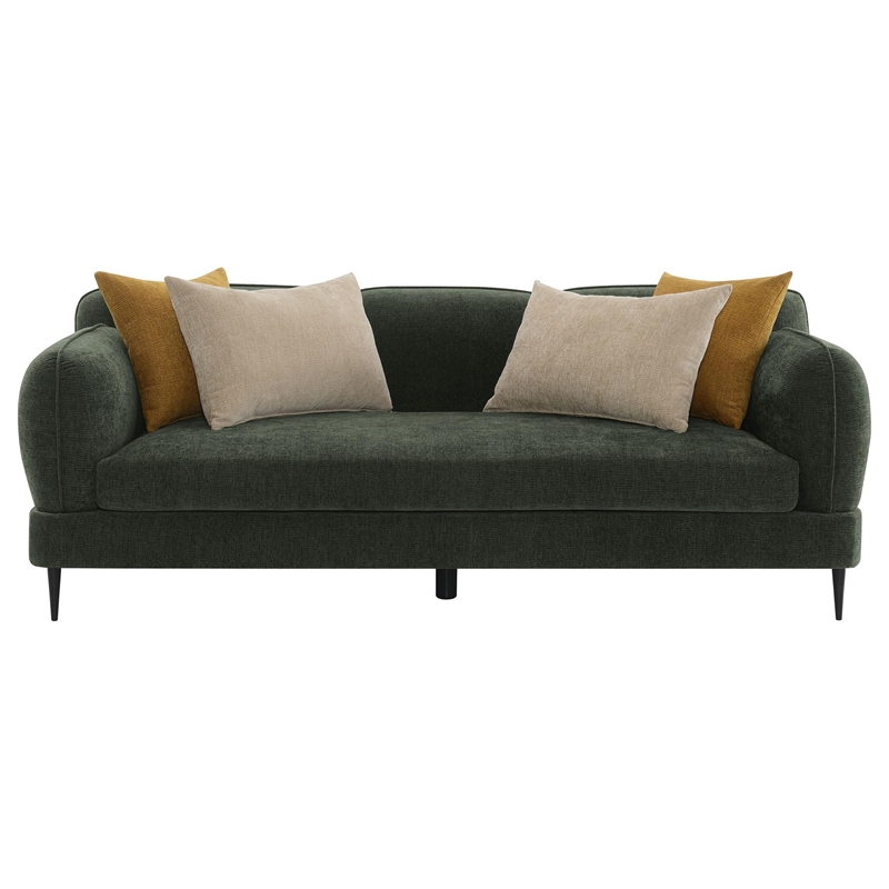 Benjara Dija Sofa with 4 Accent Throw Pillows- 84 Inch- Dark Green Chenille