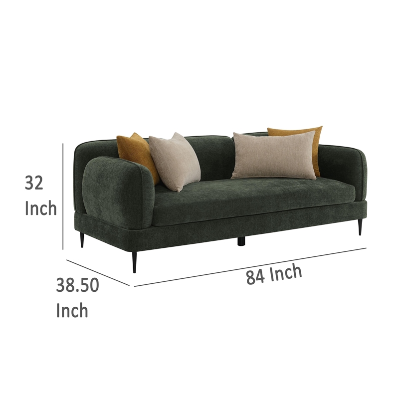 Benjara Dija Sofa with 4 Accent Throw Pillows- 84 Inch- Dark Green Chenille