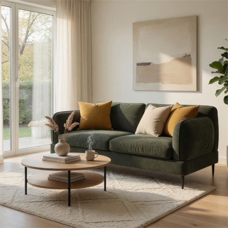 Benjara Dija Loveseat- 3 Accent Throw Pillows- 64 Inch- Dark Green Chenille