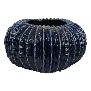 Benjara Harry Round Planter Vase- Textured Design- Blue Ceramic 13 Inch