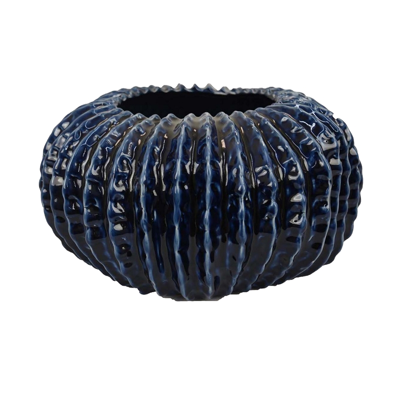 Benjara Harry Round Planter Vase- Textured Design- Blue Ceramic 13 Inch
