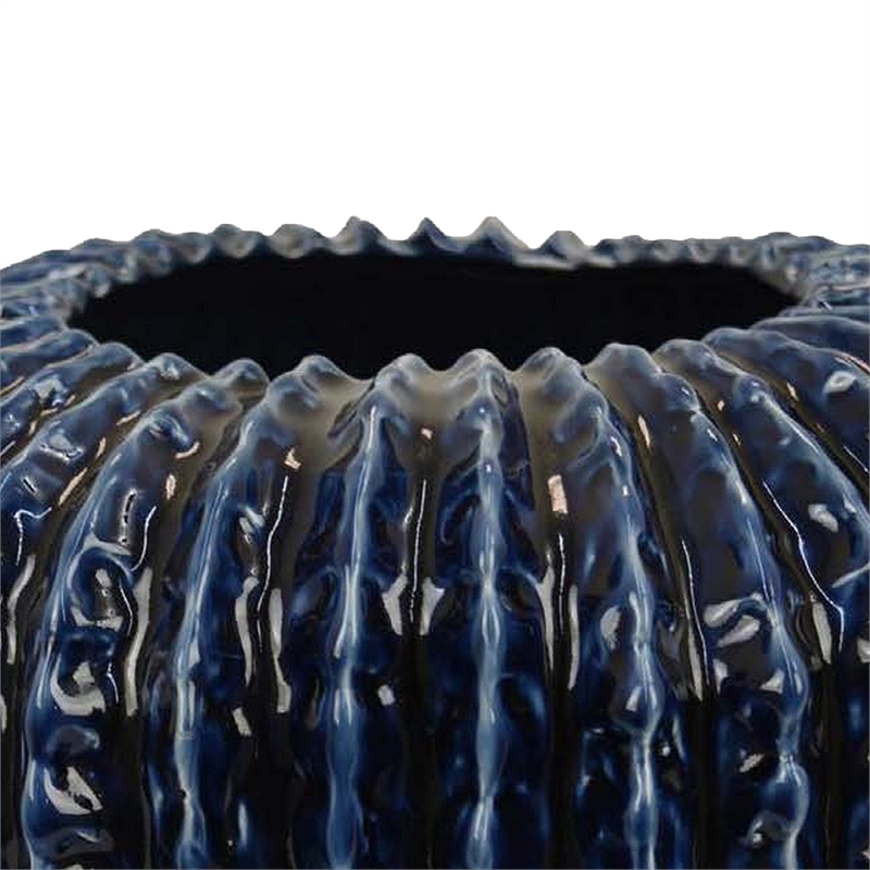 Benjara Harry Round Planter Vase- Textured Design- Blue Ceramic 13 Inch