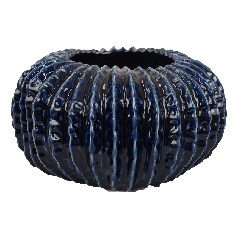Benjara Harry Round Planter Vase- Textured Design- Blue Ceramic 13 Inch