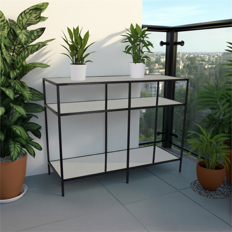 Benjara Gwen Plant Stand with 3 Mirrored Shelves- Black Metal Frame 40 Inch