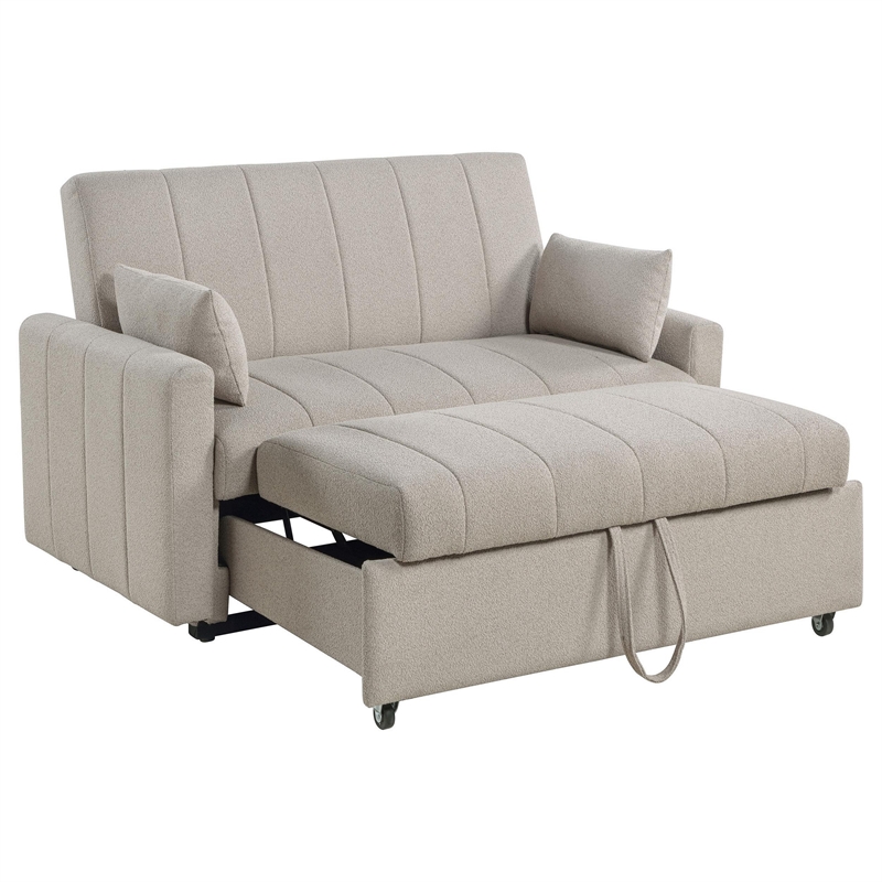 Benjara Porta Sleeper Sofa Bed- Latte Ivory Boucle Fabric- Full Size- 60 Inch