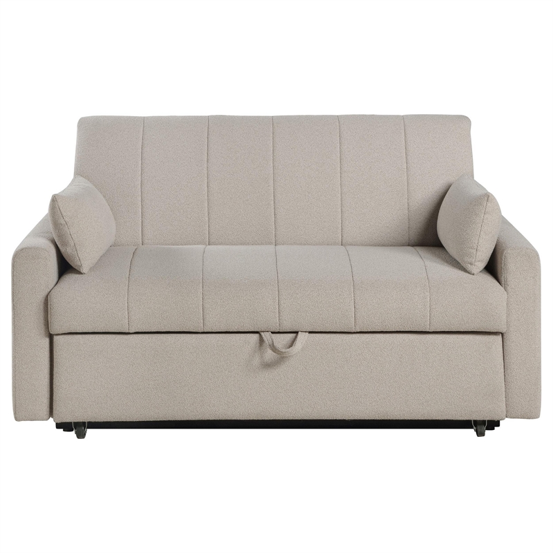 Benjara Porta Sleeper Sofa Bed- Latte Ivory Boucle Fabric- Full Size- 60 Inch