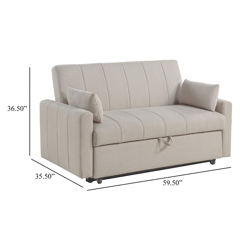 Benjara Porta Sleeper Sofa Bed- Latte Ivory Boucle Fabric- Full Size- 60 Inch