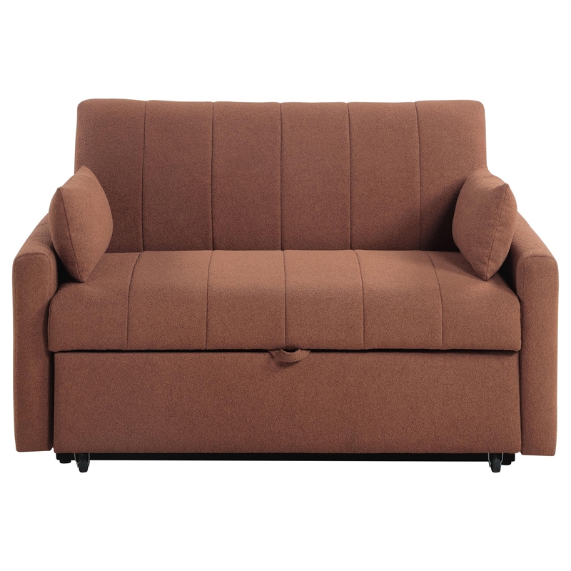 Benjara Porta Sleeper Sofa Full Bed- Copper Brown Boucle- Pillows- 60 Inch