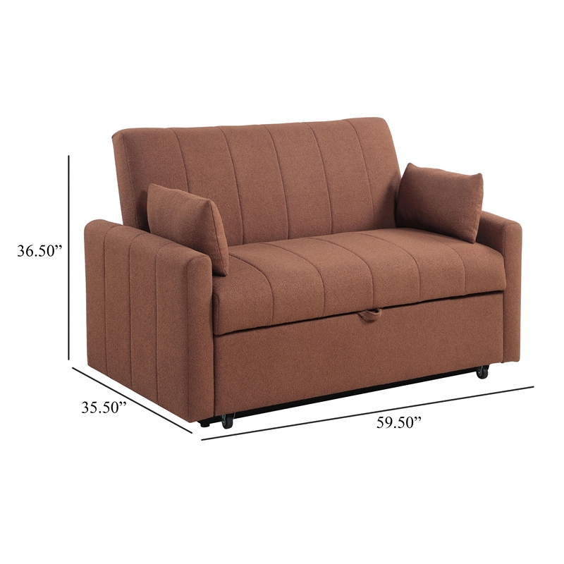 Benjara Porta Sleeper Sofa Full Bed- Copper Brown Boucle- Pillows- 60 Inch
