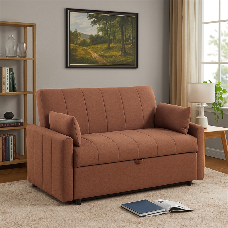 Benjara Porta Sleeper Sofa Full Bed- Copper Brown Boucle- Pillows- 60 Inch