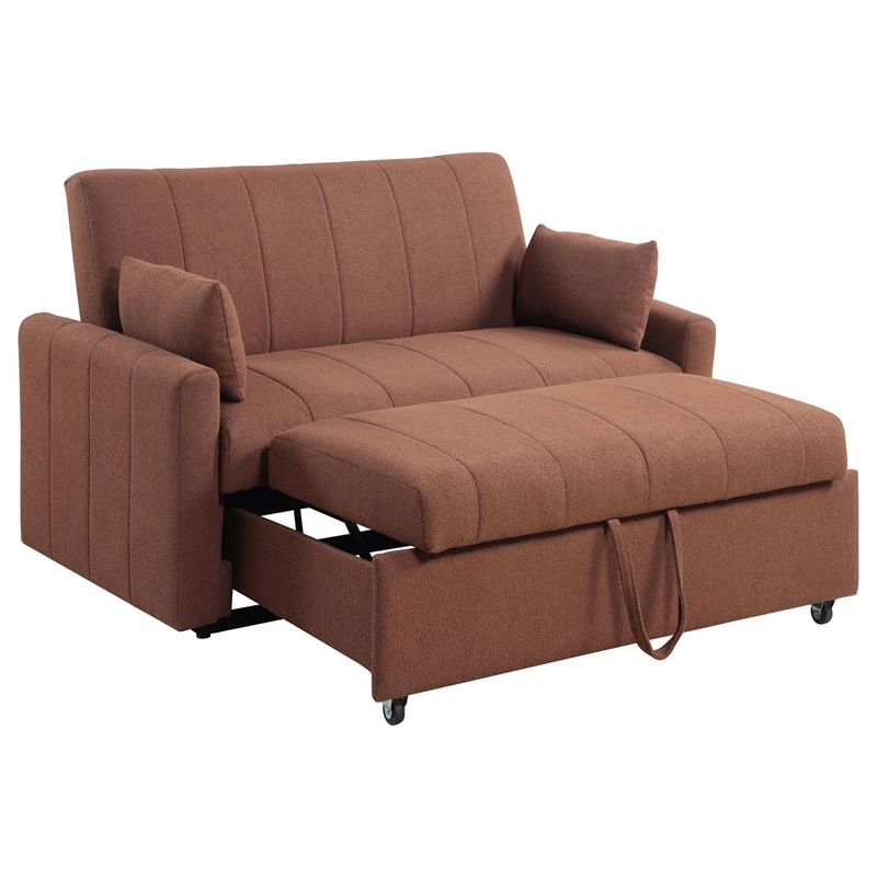 Benjara Porta Sleeper Sofa Full Bed- Copper Brown Boucle- Pillows- 60 Inch