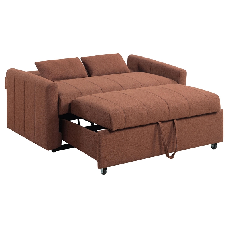 Benjara Porta Sleeper Sofa Full Bed- Copper Brown Boucle- Pillows- 60 Inch