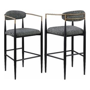 Benjara Tiara Bar Chair Set of 2- Gray Fabric- Gold- Black Metal 30 Inch