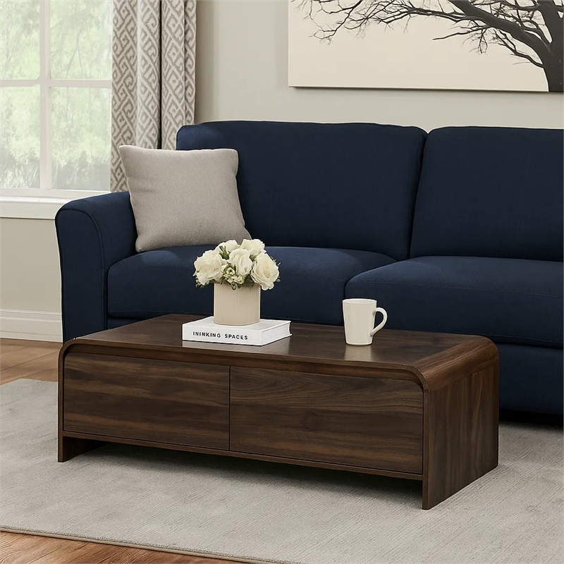 Benjara Maria Coffee Table- 2 Drawer and Waterfall Style- Brown Wood 47 Inch