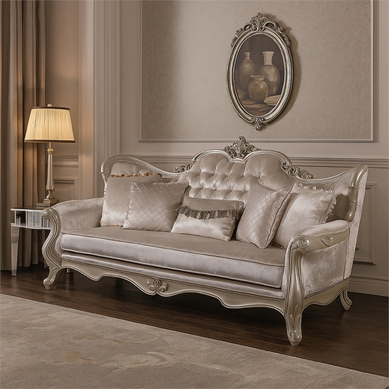 Benjara Kerra Sofa with Accent Pillows- Beige Fleur De Lis Velveteen 97 Inch