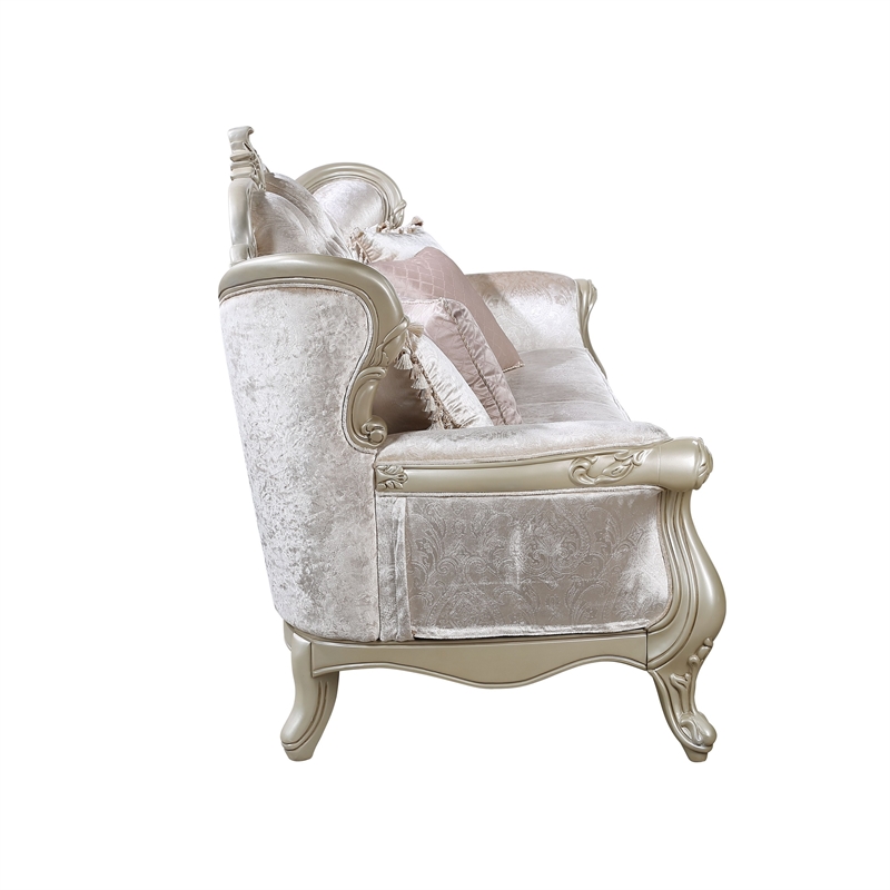 Benjara Kerra Sofa with Accent Pillows- Beige Fleur De Lis Velveteen 97 Inch