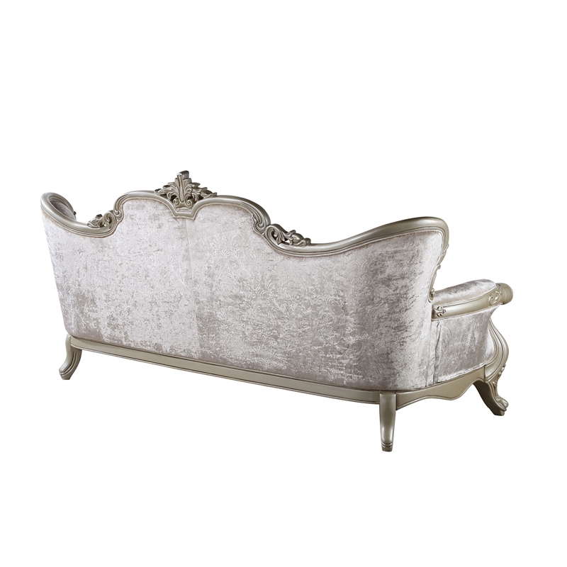 Benjara Kerra Sofa with Accent Pillows- Beige Fleur De Lis Velveteen 97 Inch