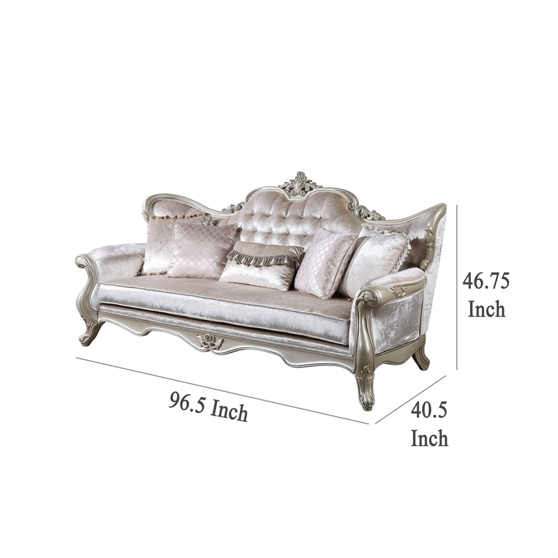 Benjara Kerra Sofa with Accent Pillows- Beige Fleur De Lis Velveteen 97 Inch