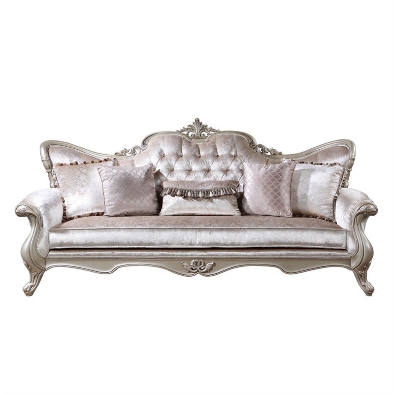 Benjara Kerra Sofa with Accent Pillows- Beige Fleur De Lis Velveteen 97 Inch