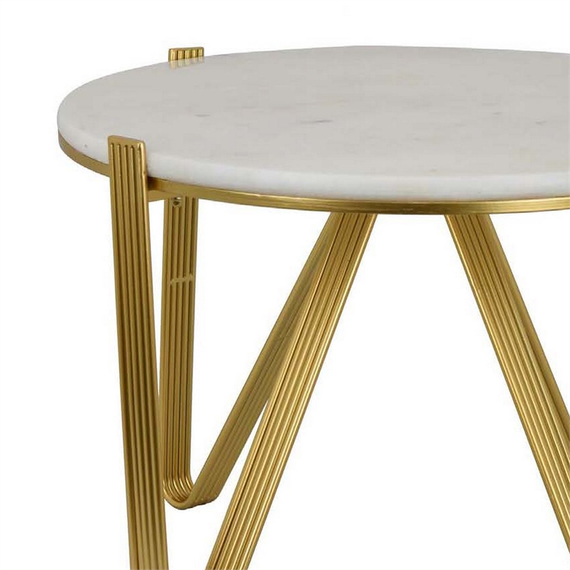 Benjara Glam Plant Stand Table- White Marble- Gold Metal Texture Legs- 25 Inch