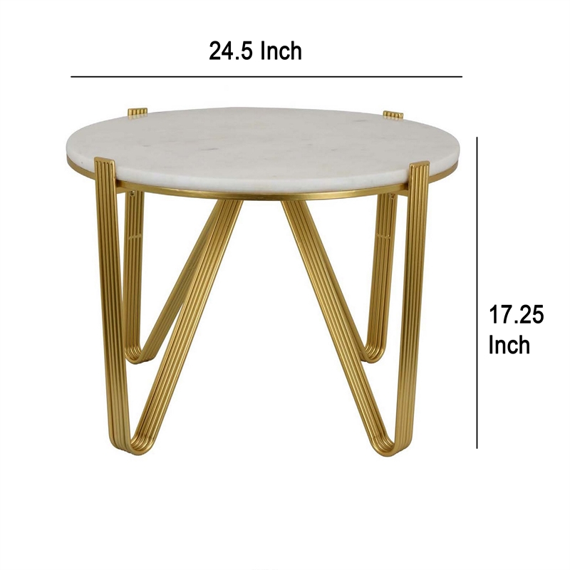 Benjara Glam Plant Stand Table- White Marble- Gold Metal Texture Legs- 25 Inch