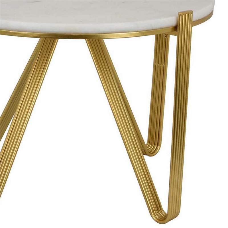 Benjara Glam Plant Stand Table- White Marble- Gold Metal Texture Legs- 25 Inch