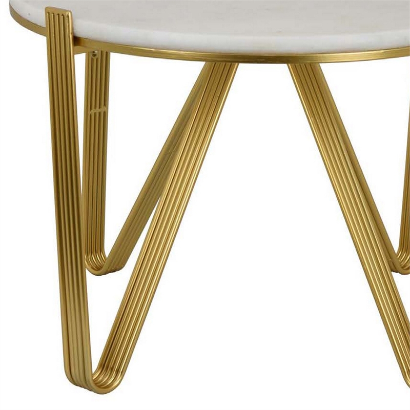Benjara Glam Plant Stand Table- White Marble- Gold Metal Texture Legs- 25 Inch