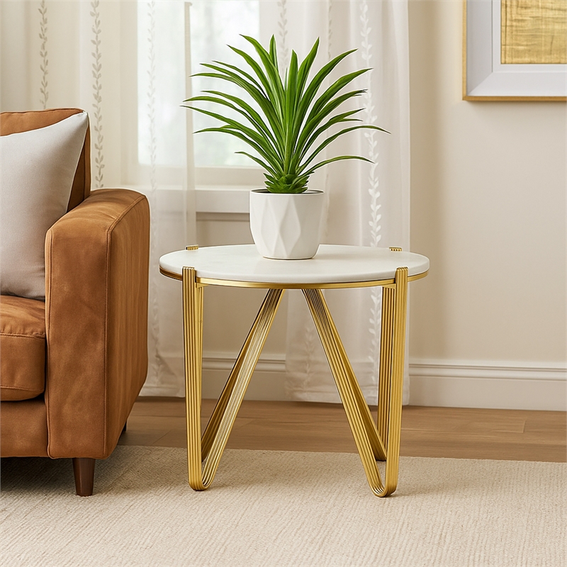 Benjara Glam Plant Stand Table- White Marble- Gold Metal Texture Legs- 25 Inch
