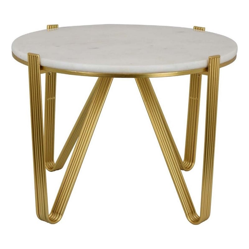 Benjara Glam Plant Stand Table- White Marble- Gold Metal Texture Legs- 25 Inch