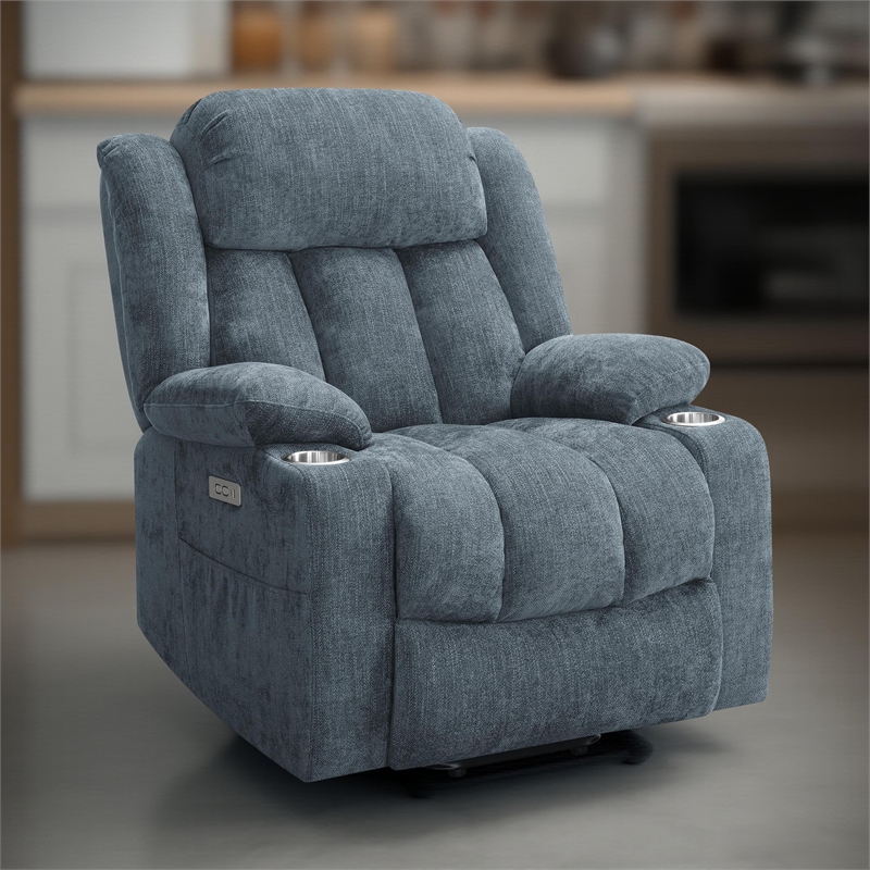 Benjara Limi Power Lift Recliner Chair- Slate Blue- USB Port- Cupholders