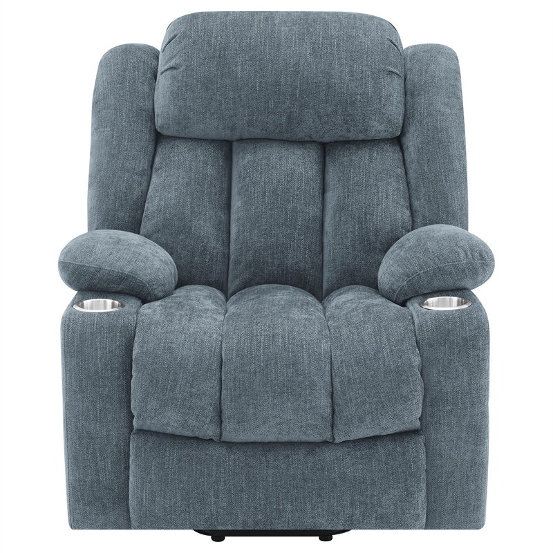 Benjara Limi Power Lift Recliner Chair- Slate Blue- USB Port- Cupholders