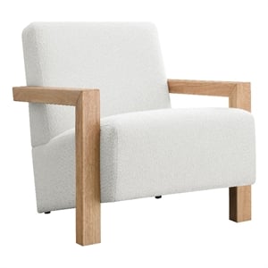 Benjara Fitz Accent Chair- Soft Ivory Boucle Cushions- Natural Brown Wood