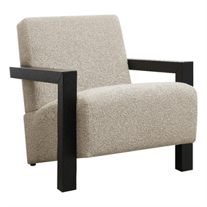 Benjara Fitz Accent Chair- Soft Latte Beige Boucle Cushions- Black Wood Arms